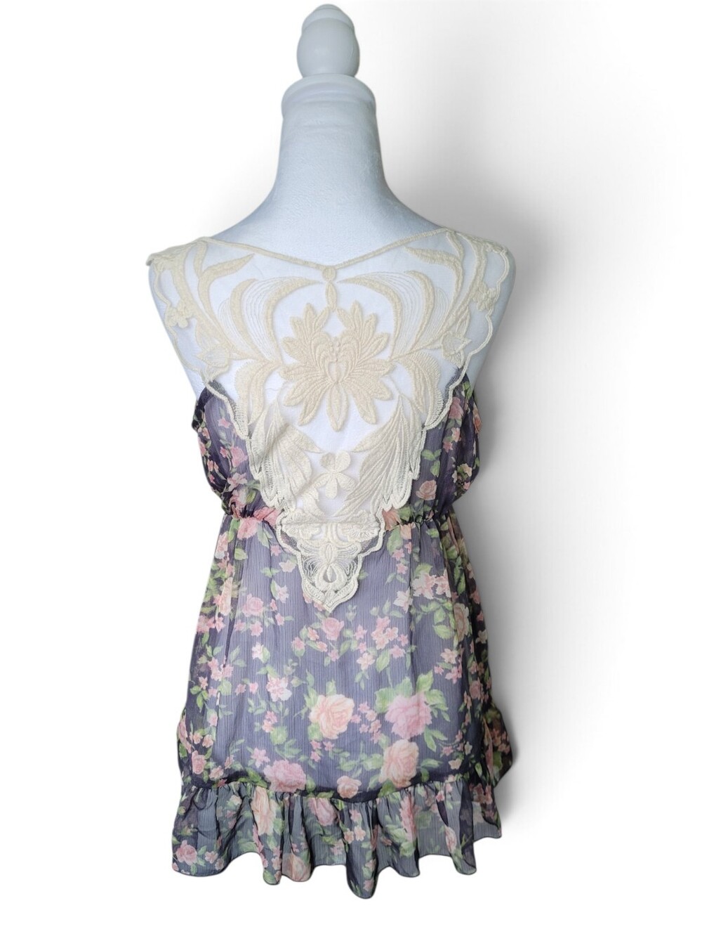 Vintage Y2K Roses Print Lace Back Sleeveless Chiffon Babydoll Top Large - Picture 5 of 16